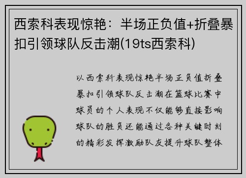 西索科表现惊艳：半场正负值+折叠暴扣引领球队反击潮(19ts西索科)