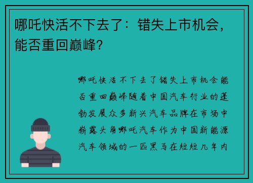 哪吒快活不下去了：错失上市机会，能否重回巅峰？