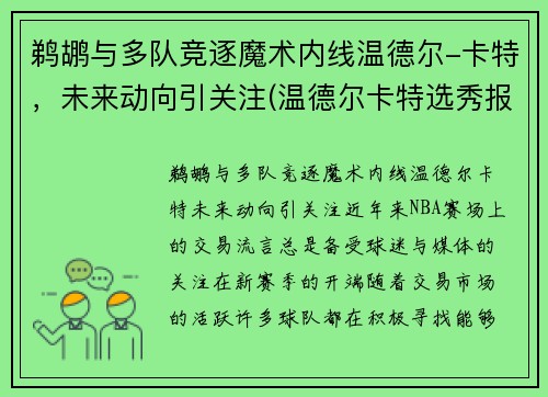 鹈鹕与多队竞逐魔术内线温德尔-卡特，未来动向引关注(温德尔卡特选秀报告)