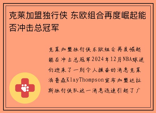 克莱加盟独行侠 东欧组合再度崛起能否冲击总冠军